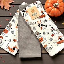 Martha Stewart Halloween Dogs In Costumes Dachshund | Bulldog 3 Towels Set NWT