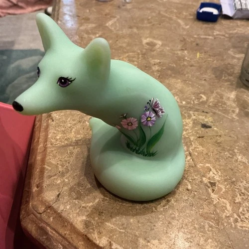 Fenton Glass Jadeite Green Flower Fox Figurine Ltd L. Van Es #2/14
