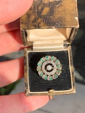 18ct gold diamond natural emerald pearl old cut cluster ring Victorian boxed