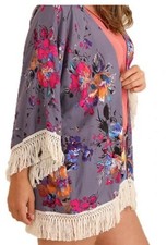 Umgee Open Front Kimono Cardigan Fringe Floral Boho Blue Large Festival Fairy