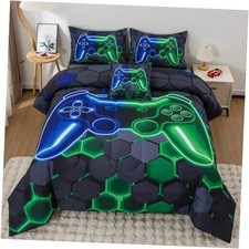 6Pcs Gamer Comforter Set with Sheets for Boys Girls Kids Twin 6 pc Blue/Green