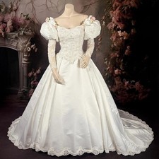 Victorian Satin Wedding Dresses Long Puffy Sleeves Lace Appliques Bridal Gowns