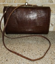Vintage Brown Faux Reptile Skin Leather Handbag w/ Goldtone Metal Hardware