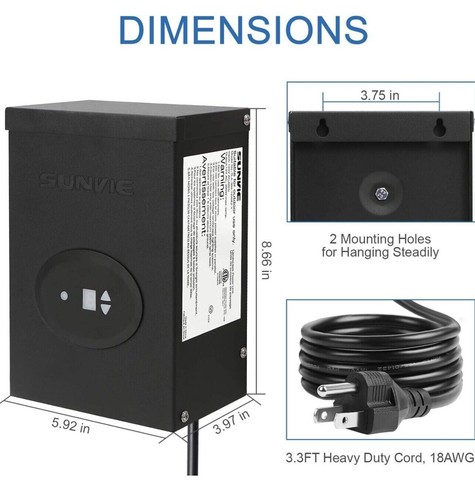 SUNVIE 300W Low Voltage Transformer for Landscape Lighting with Timer and Sensor - Picture 2 of 8