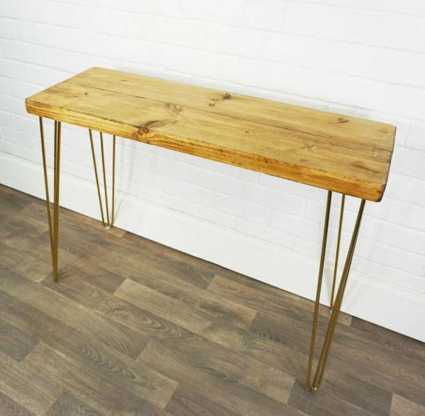 Mesa auxiliar de café madera maciza recuperada estilo madera patas metálicas doradas 44 cm x 4,4 cm Foto 2 de 4