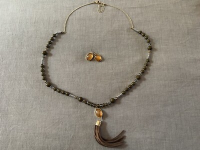 Nwot! Christopher & Banks Necklace /Earring Set Silver/Gold/Green/Brown #H51-53