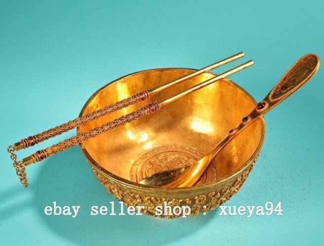 Juego de cucharas de palillos Tongzi dorado de cobre de la dinastía China antigua de 5"