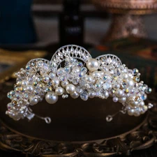 Baroque Bridal Crown Handmade Pearl Royal Tiara Vintage Queen Wedding Headpiece