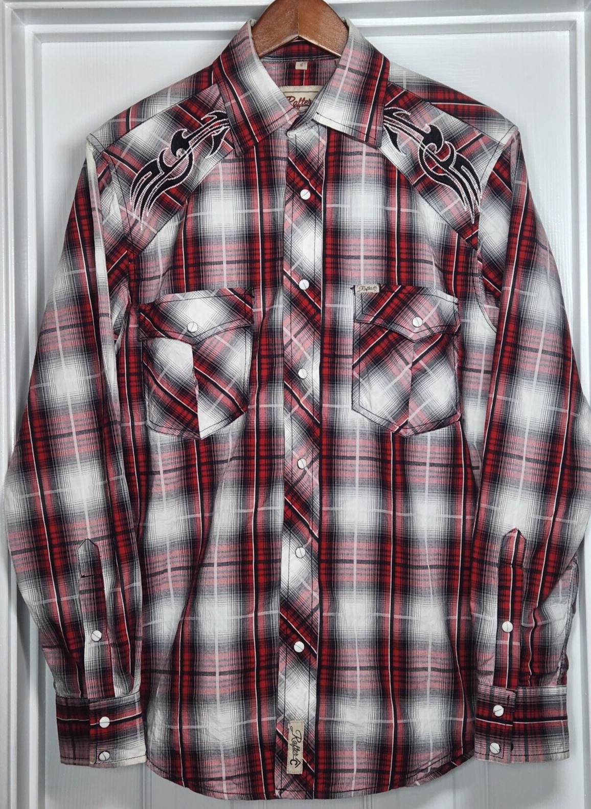 Rafter C Western Shirt Men S Red Pearl Snap Plaid Long Sleeve Embroidered Gaucho