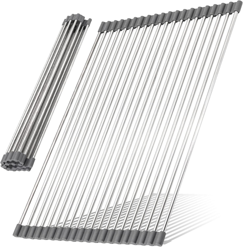 Silicon and Stainless Steel, Roll-Up Rectangle Sink Drying Rack, Recover Bench