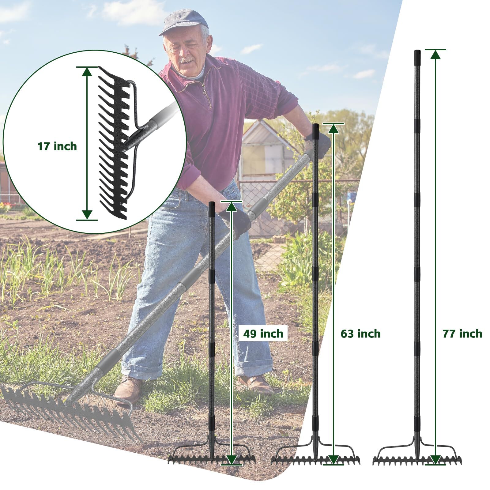 77''Bow Rake,17 Tines Metal Head with Stainless Steel Handle, Heavy Duty Garden