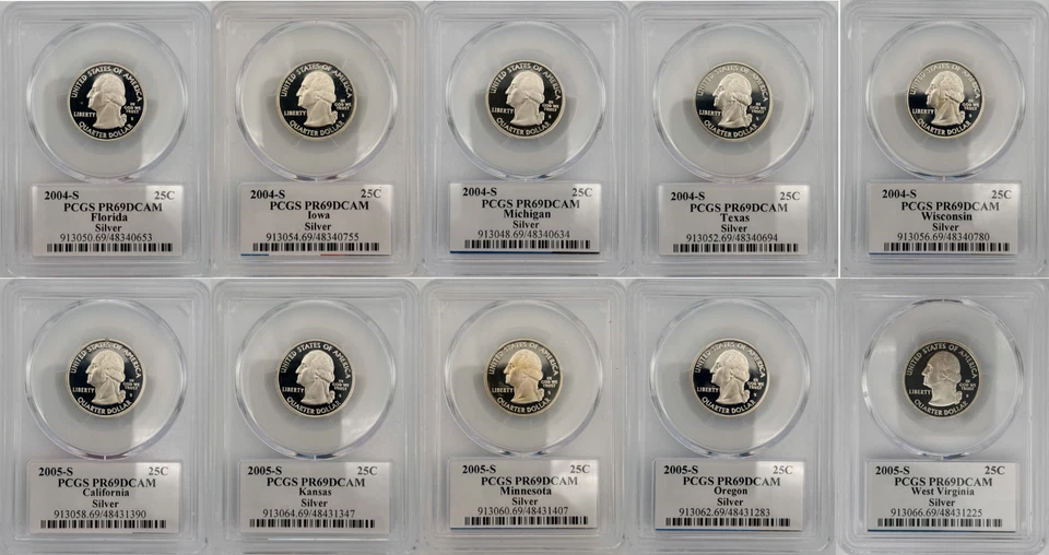2004 & 2005 S State Proof SILVER PCGS 69 DCAM Ten Coin Quarter Set - Image 2 of 2