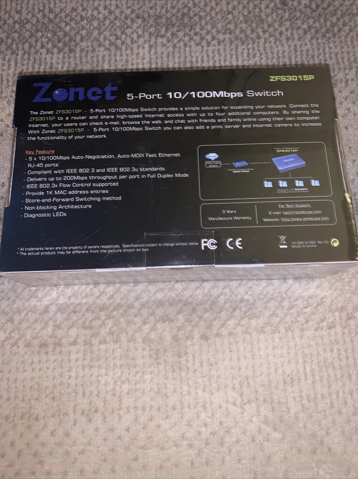 Zonet 5 ports 10/100Mbps Switching Ethernet Hub ZFS3015P , Auto-MDIX, Switch - Image 2 of 4