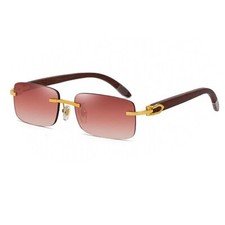 Men's Rimless Gold Frame Burgundy Gradient Tint Woodgrain Hip Hop Sunglasses  