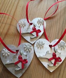 3 Reindeer Christmas Decorations Shabby Chic Nordic Country Real Wood Heart