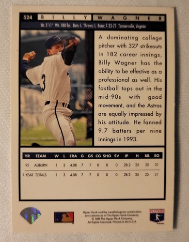 1994 Upper Deck Billy Wagner Baseball Card Houston Astros NM+ - Picture 2 of 2