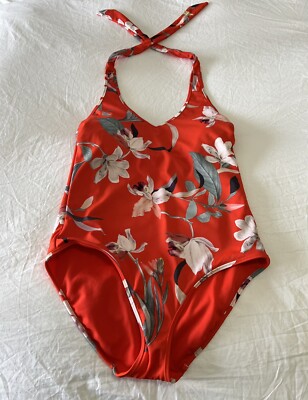 Athleta SZ S Waimea Halter Plunge One Piece Swimsuit Floral Red Orange 