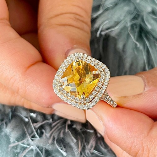 14K Yellow Gold Cushion Yellow Citrine Round Cut Diamond Ring Split Band 4.80ctw - Picture 9 of 10