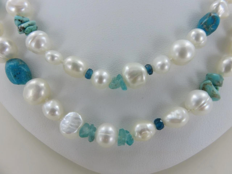 Honora 7-10 毫米白色珍珠项链绿松石水晶纯银 40 英寸带袋 — 第 2/4 张图片