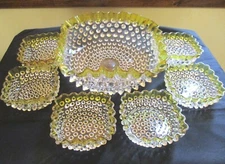 Hobbs Brockunier Hobnail glass berry bowl set gold ruffle antique