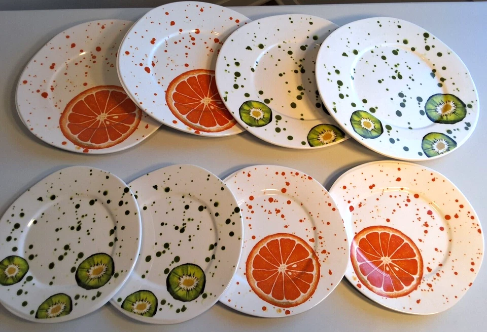Vietri Melamina Fruit Splash 4 Platos de Cena y 4 Ensalada, Naranja, Kiwi, Usado Foto 2 de 4