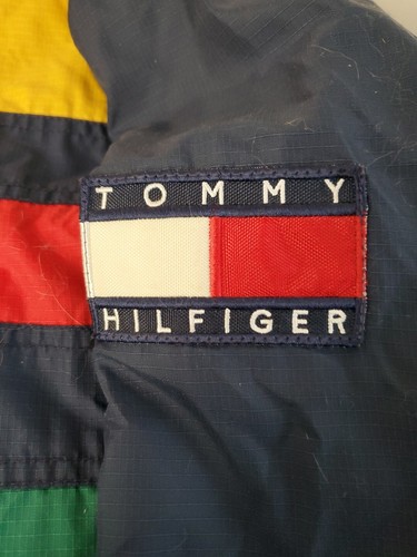 Vintage Tommy Hilfiger Jacke Herren XL Grün Blau Mantel Color Block Big Logo Flag - Bild 3 von 11