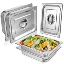 4 Pack Hotel Pans with Lids, 1/2 Size Anti-Jam Steam Pan, 2.5 Inch Deep Stain...