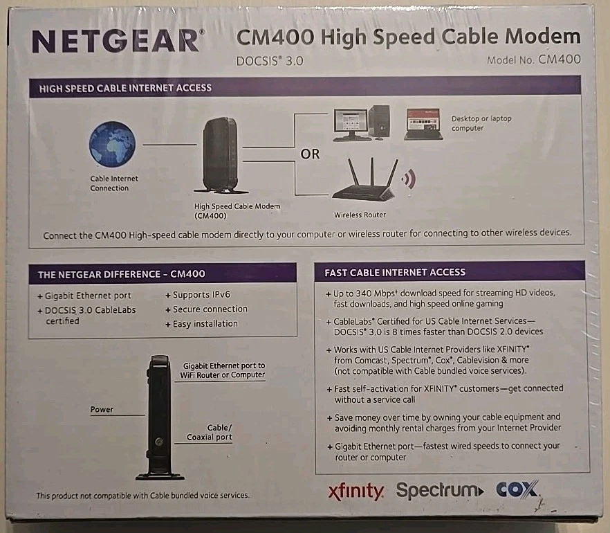 Netgear CM400 High Speed Cable Modem CM400-100NAS, DOCSIS 3.0 Sealed & New - Image 2 of 2