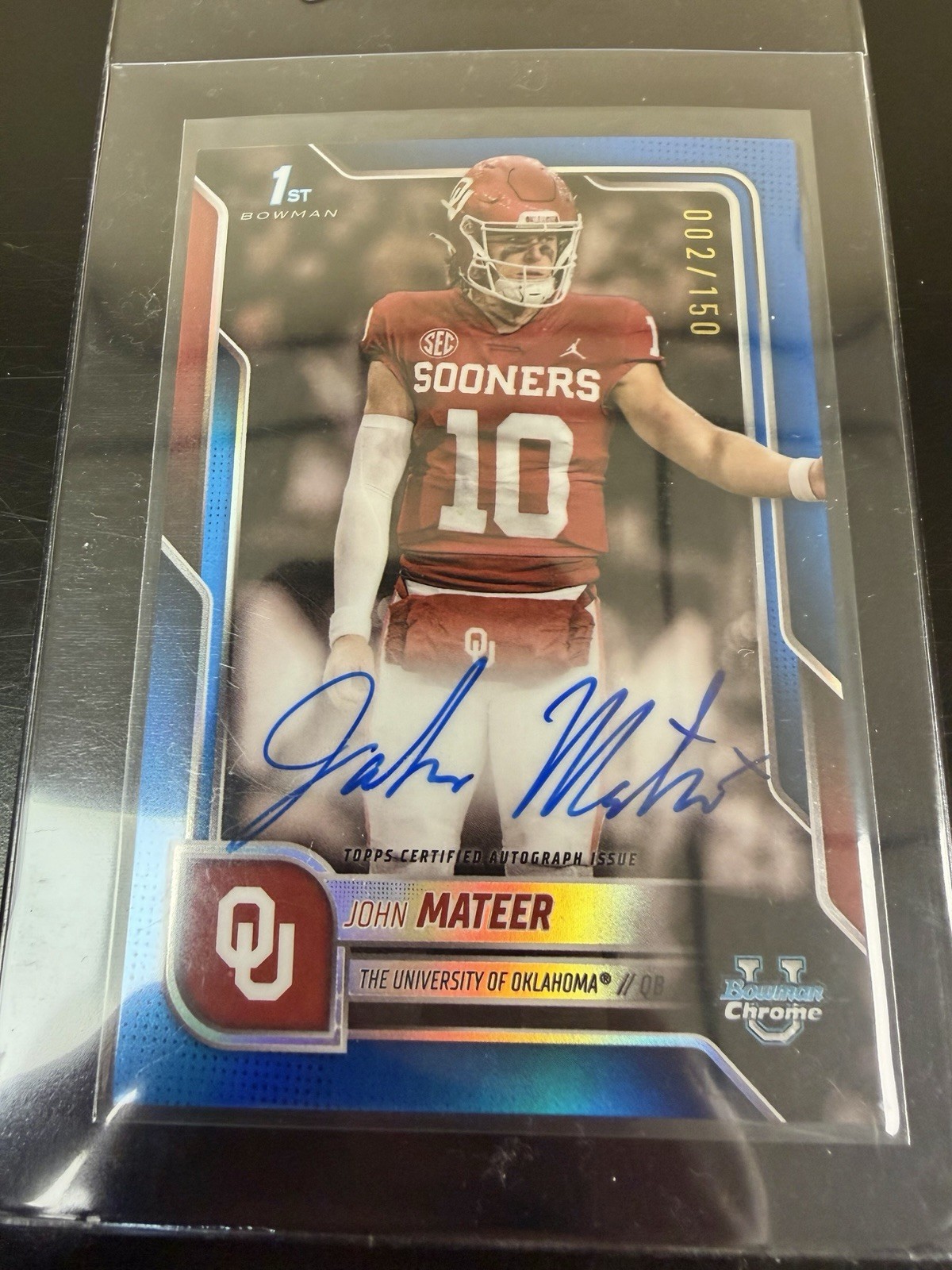John Mateer 2025 1st Bowman Chrome Blue Refractor On Card Auto /150 #BCA-JM