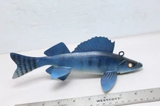 Blue Walleye Ice Fish Spearing Decoy Folk Art Carved Signed 9"