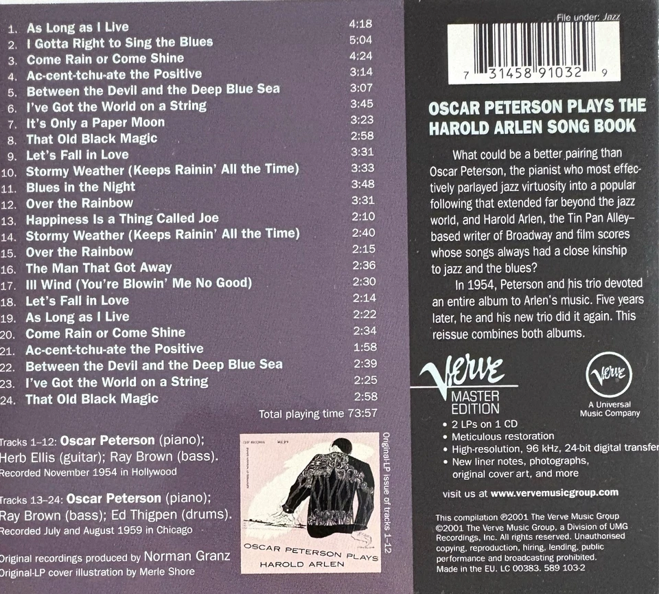 OSCAR PETERSON - Plays The Harold Arlen Song Book CD Digipak 2001 Verve Exc Cond - Image 2 of 2