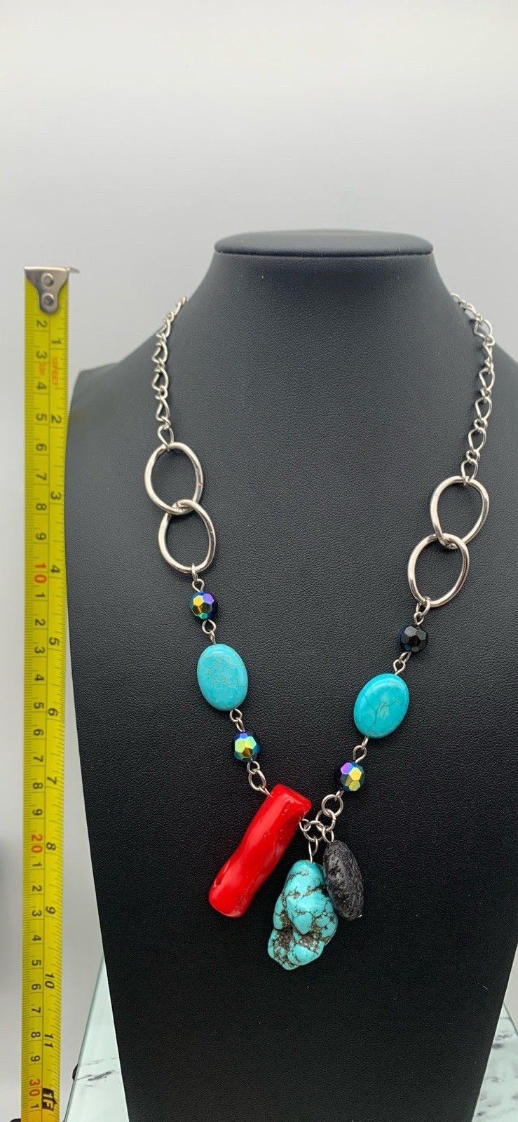 Silver Tone Necklace With Turquoise Coral & Lava Stone Charm Pendants 