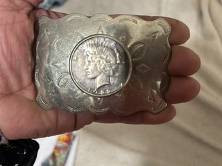 Men's Silver Western Plate Belt Buckle Etched Coin Accent Fits 1.5 in
