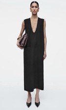 COS Knitted COTTON Sz S Navy MIDI Dress Deep V Neck Minimalist Sophisticated