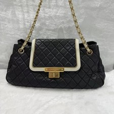 Auth Chanel Flap Shoulder Bag Black Lambskin Quilted White Leather Trim Chain