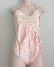 VTG Victoria  s Secret Gold Label 80s 90s Pink Satin Lace Teddy Bodysuit M