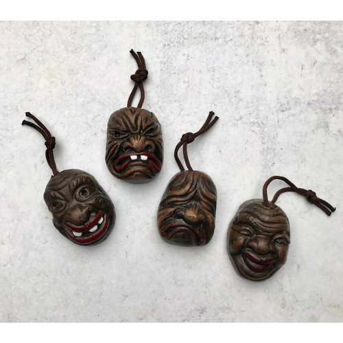 Four Vintage Korean Folk Art Miniature Clay Tribal Face Masks