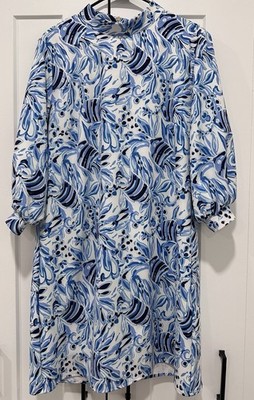 Sail To Sable Blue and White Sheath Lined Knee Length Dress Size XL Fish Print
