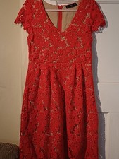 Hallhuber Dress Red Lace V Neck Short Sleeve Knee Length Occasion UK 10
