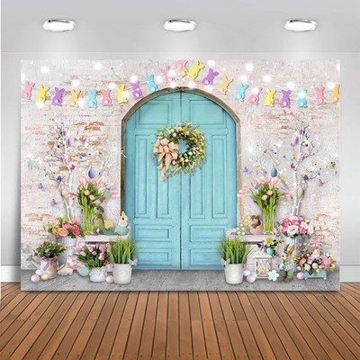 Mocsicka Easter Backdrop Blue Wooden Door with Brick Wall Bunny Rabbit Spring...