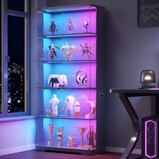 69" Curio Cabinet Glass Display Case w/RGB LED Lights, Lockable 5-Tier Shelf