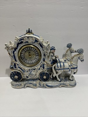 Vintage Kato Kogei Japan Mantel Clock Porcelain Horse Drawn Carriage Working!
