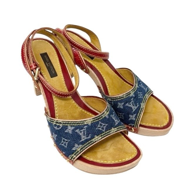 LOUIS VUITTON Vintage Logo Monogram Sandals Heels #36.5 Blue Red