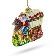 Western Santa with Holiday Wagon Glass Ornament