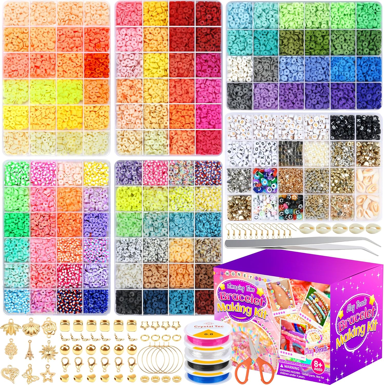 DIY Clay Beads Bracelet Kit - 120 Colorful Polymer Beads with Letters & Pendants for Jewelry Making