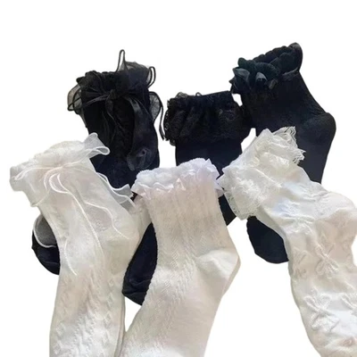 6 Pairs Delicate Lace Trim Bowknot Crew Socks Casual Daily Wear for Students - Image 1 of 4