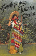 TIJUANA, MEXICO ~ POSTER STYLE LINEN PC, IMAGE OF WOMAN WITH SERAPE ~ used 1957