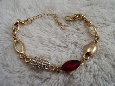 Goldtone Rhinestone Red Glass Chain Bracelet