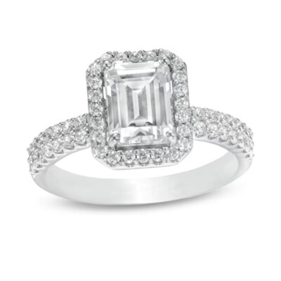 2.00Ct Emerald Cut VVS1 Moissanite Halo Engagement Ring 14K White Gold Plated