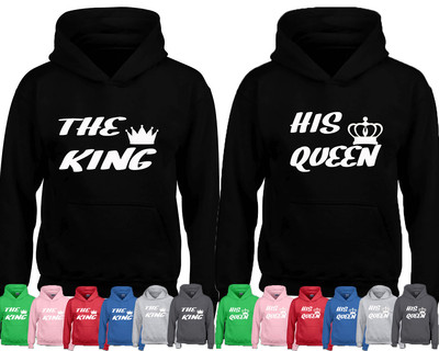 Handmade THE King His Queen Couple HOODIE Sweatshirt WHITE Design Cartoon- Funny